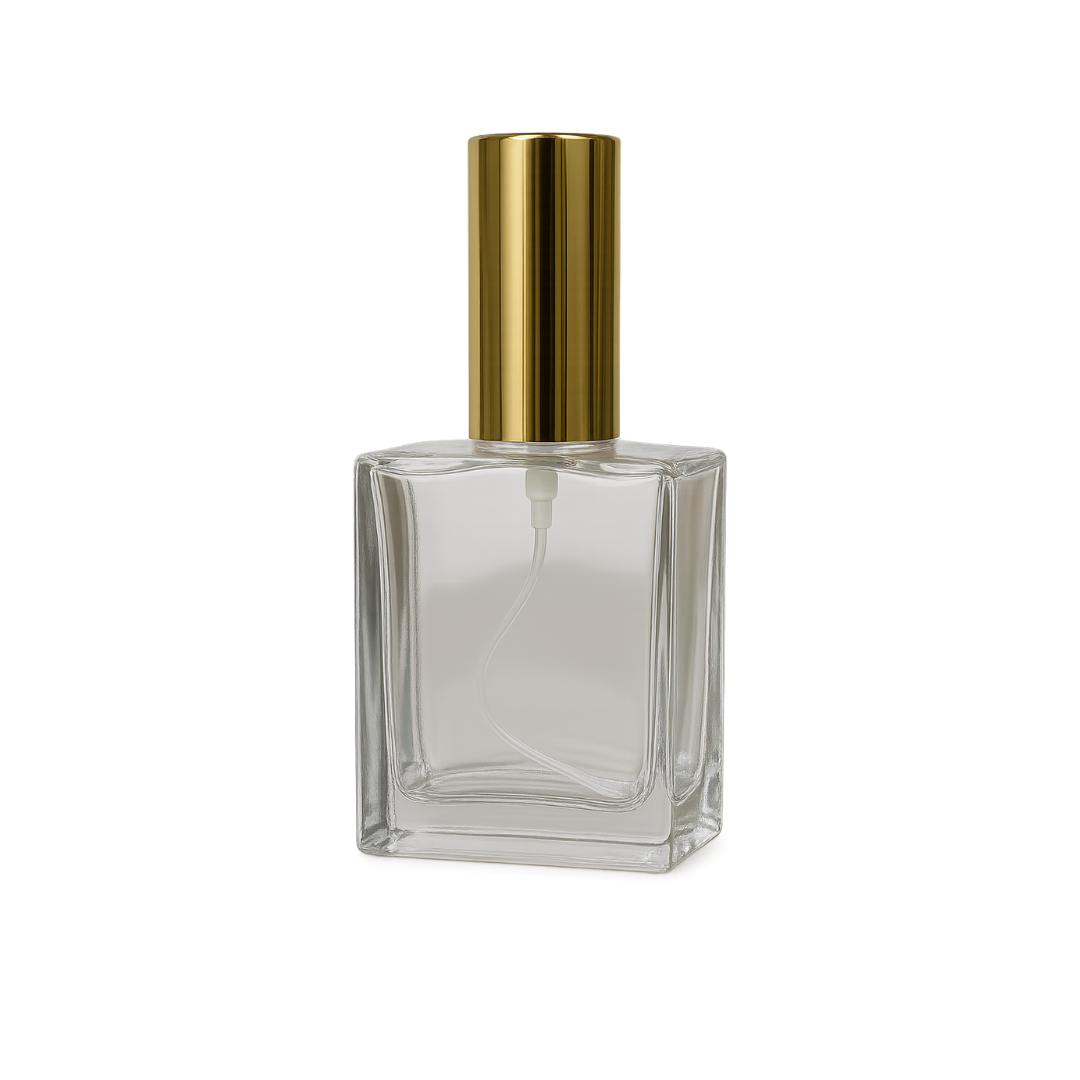 Envase Vidrio Perfumero Cuadrado Jasmar con Atomizador y Tapa de Aluminio