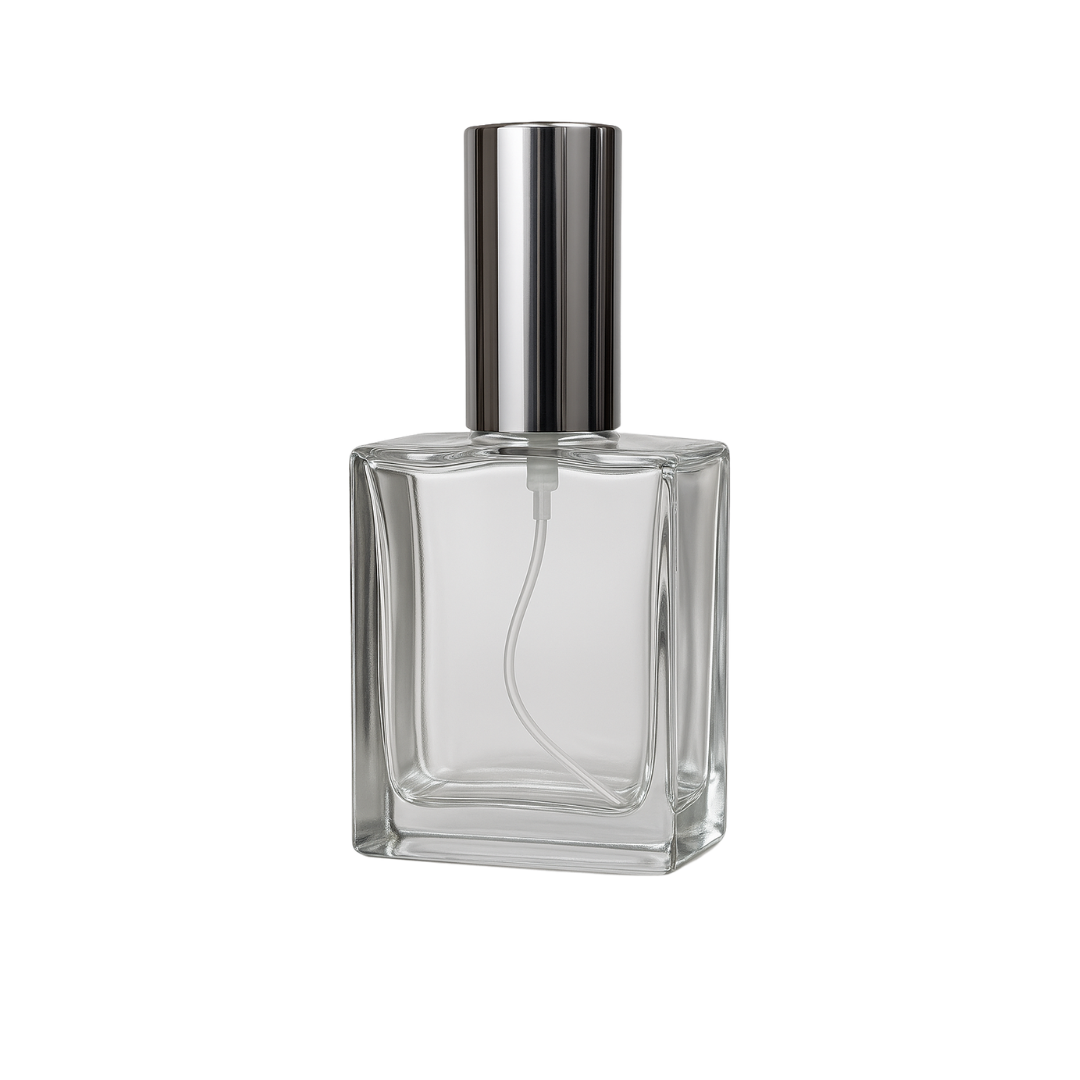 Envase Vidrio Perfumero Cuadrado Jasmar con Atomizador y Tapa de Aluminio