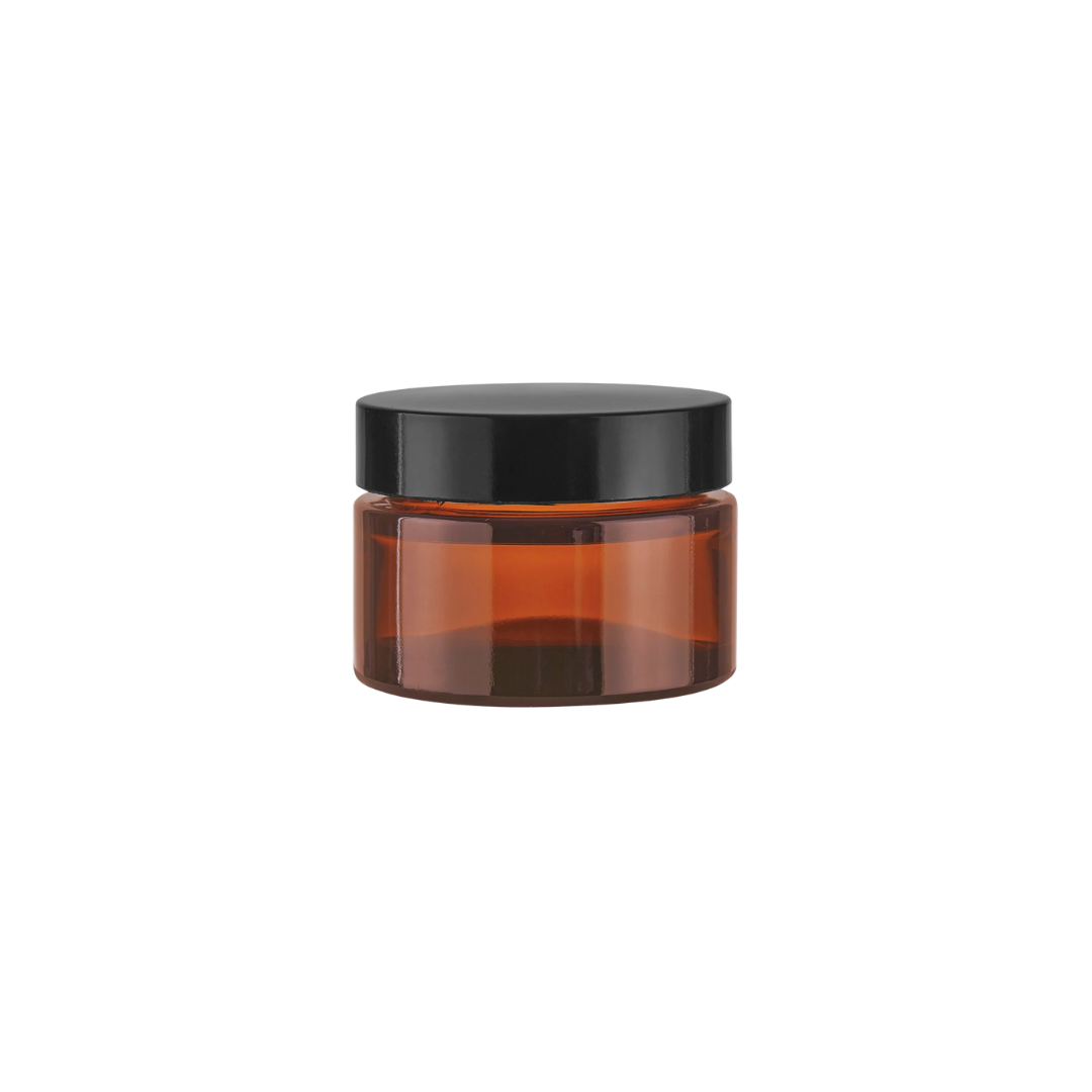 Tarro de Vidrio Ámbar con Tapa Plastico de Polipropileno Negro