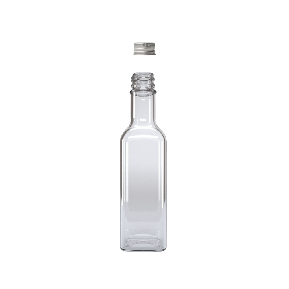 Botella Cuadrada de Vidrio de R28 de 250 ML con Tapa de Aluminio