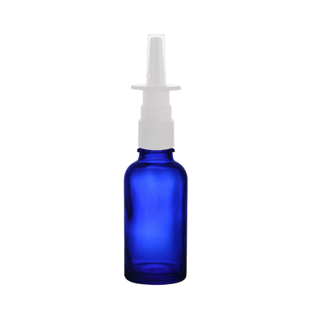 Frasco de Vidrio Multiusos Azul R18 con Tapa Atomizador Nasal en color Blanco