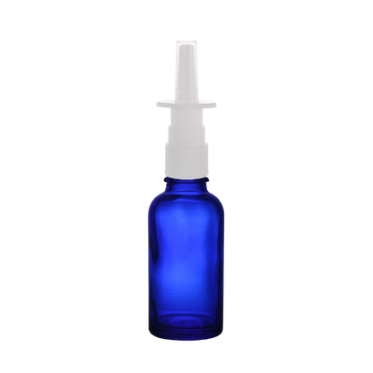 Frasco de Vidrio Multiusos Azul R18 con Tapa Atomizador Nasal en color Blanco