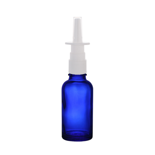 Frasco de Vidrio Multiusos Azul R18 con Tapa Atomizador Nasal en color Blanco